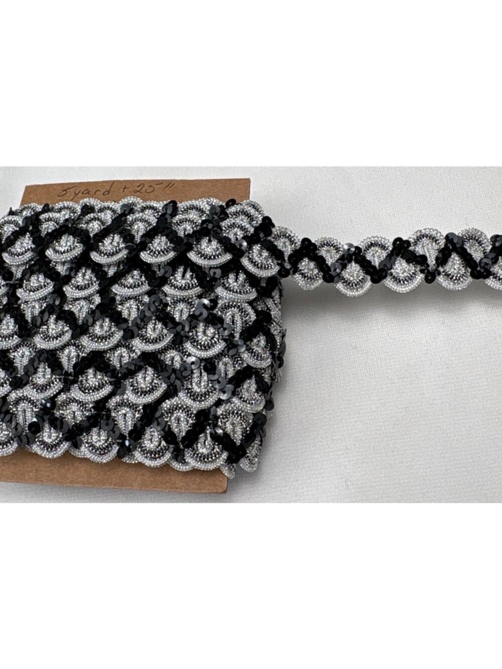 Black & Silver Beaded Sequin Trim 3/8" x 5 yards +25" Ornate Design Vtg Crafts